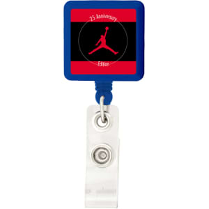 A rectangle badge holder in blue with a transparent clip, featuring a logo in red and black.
