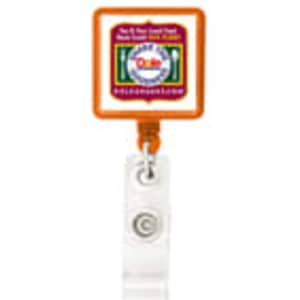 A rectangular badge holder in orange and clear, featuring a logo at the top and a retractable reel.