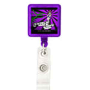 A rectangular purple badge holder with a logo, featuring a clear white retractable clip for easy attachment.