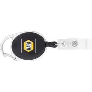 A retractable badge holder with a black casing, silver clip, and transparent strap, featuring a logo.