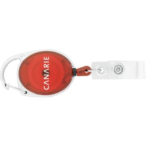A red retractable badge holder with a clear strap and a metal clip. It features a logo in the centre.