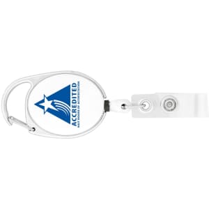 A retractable badge holder in silver with a clear strap and a logo on an oval body.