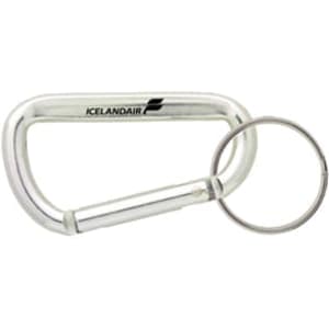 A silver 60mm carabiner with a round keyring attachment and a logo.