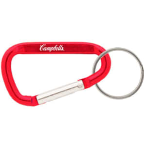 A red 60mm carabiner with a silver keyring, featuring a logo on one side.