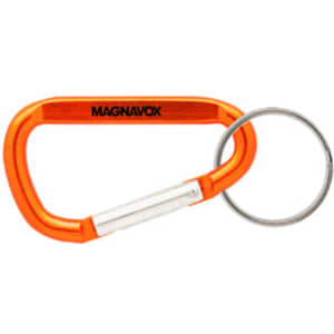 An orange 60mm carabiner with a silver keyring and a branding logo.