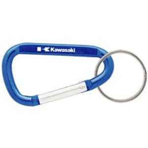 A blue 60mm carabiner with a silver section and a keyring attachment, featuring a logo.