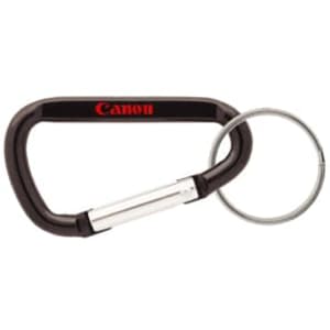 A black 60mm carabiner with a silver key ring and a logo displayed on the side.