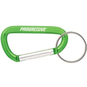 A green 60mm carabiner with a metal ring and a visible logo.