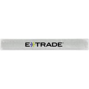 A reflective slap wristband in clear material featuring a logo. Suitable for events and exhibitions.