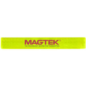 A reflective slap wristband in bright yellow with a logo, designed for events and exhibitions.