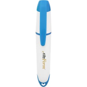 A highlighter with a white body and blue accents, featuring a logo on one side.