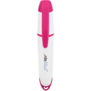 A white highlighter with a pink cap and accents, featuring a branding logo.