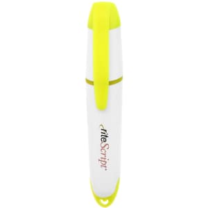 A highlighter in white and bright yellow with a clip and branding on the side.