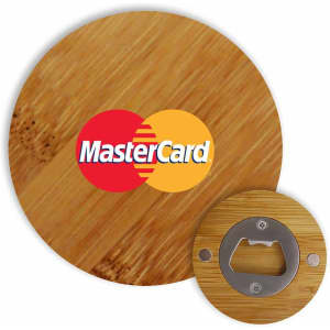 A round bamboo bottle opener featuring a metal opener and a logo on the bamboo surface.