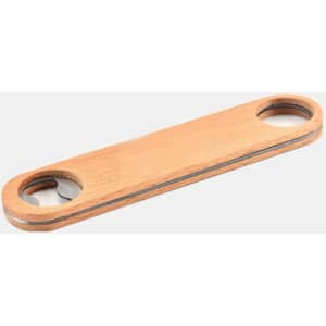 A drink bottle opener made of bamboo, featuring two circular openings. The design is simple and natural.