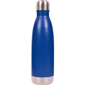 A drink bottle with a blue finish and a stainless steel cap, featuring a logo on the surface.