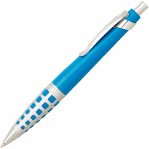 A blue metal pen with a silver grip and clip, featuring a logo.