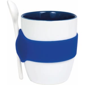 A cup with a blue silicone sleeve and a spoon, featuring a two-tone design in white and navy.