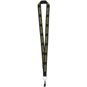 A 19mm custom lanyard in black with a logo, featuring a vibrant yellow design.