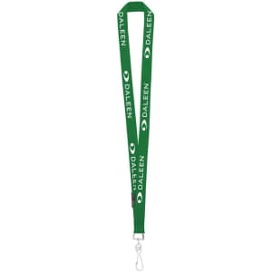 A green custom lanyard featuring a logo and text repeated along its length, finished with a metal clip.