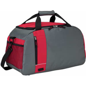 A grey and red sports bag with a shoulder strap and side mesh pocket, featuring black handles and zippers.
