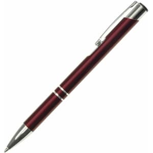 A metal pen in a burgundy colour with silver accents and a clip, featuring a logo on the barrel.