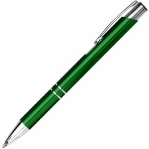 A green metal pen with silver accents and a clip, featuring a sleek design.