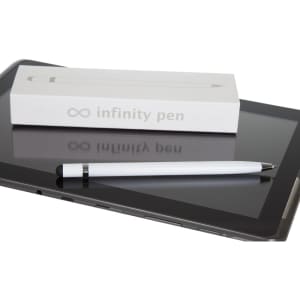 A metal pen in white with a black accent, positioned next to its box on a tablet screen. The box has a logo.