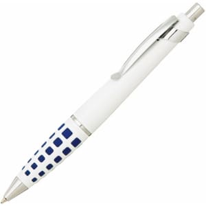 A white pen with a blue patterned grip and a shiny silver clip, featuring a branding logo.
