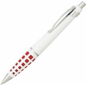 A metal pen with a white barrel and red patterned accents, featuring a chrome clip and tip.