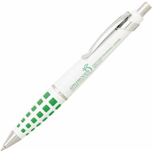 A metal pen with a white barrel and green accents, featuring a logo on the side.