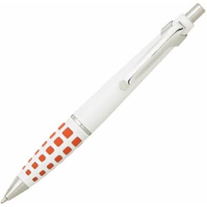 A metal pen in white with an orange patterned grip and silver accents. It features a clip for attachment.