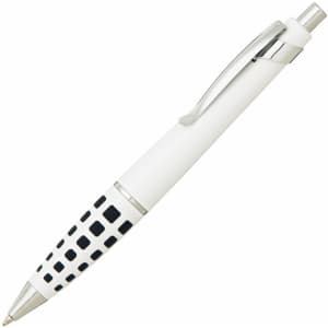 A metal pen in white and black, featuring a patterned design and a chrome clip. It has a logo on the body.