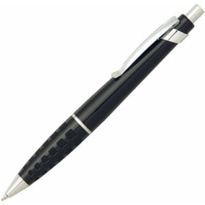 A black metal pen with a silver clip and textured grip, featuring a branding logo.