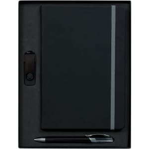 A black gift set featuring a notebook, a metal pen, and a USB drive in a sleek black box.