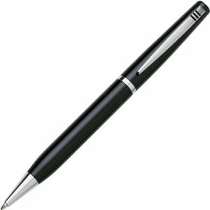 A sleek black pen with a silver clip and detailing, featuring a smooth finish and elegant design.