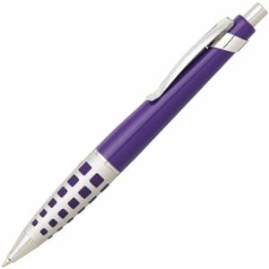 A purple plastic pen with a silver clip and a patterned grip. It has a sleek design and features a logo.