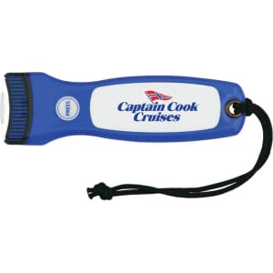 A blue and white flashlight featuring a branding logo and a wrist strap for easy handling.