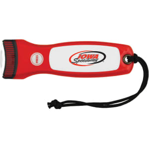 A red and white magnetic flashlight with a logo, featuring a textured grip and a wrist strap.
