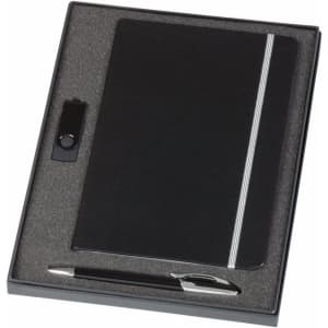 A black notebook and a silver-accented stylus pen presented in a sleek black gift box with foam padding.