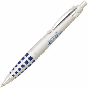 A metal pen featuring a silver body with blue accents and a logo.