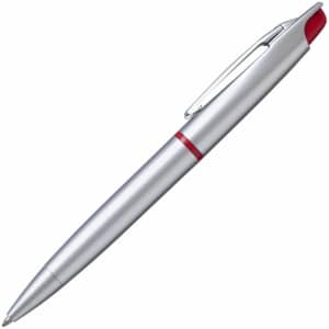 A silver highlighter and pen combination featuring a red top and accents, with a clip for attachment.