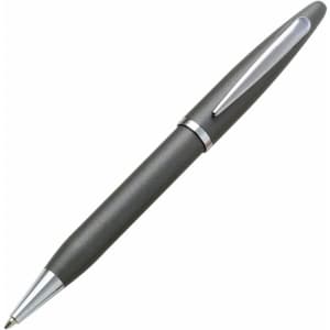 A metal pen in dark grey with a silver clip, featuring a sleek design and a branding logo.
