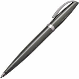 A sleek, dark grey pen with a silver clip and detailing, featuring a smooth, elegant design.