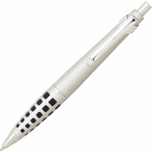 A metal pen in silver with a black patterned grip. Features a clip for easy attachment.