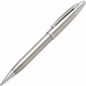 A metal pen with a sleek silver finish and chrome accents, featuring a clip and a logo.