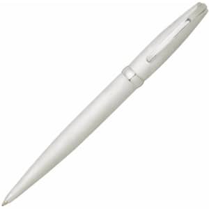 A silver pen with a sleek design and a clip, featuring a subtle logo on the body.