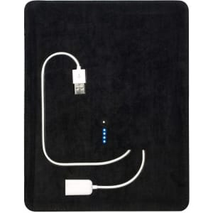 A black charging pad with an attached USB cable and LED indicator lights.