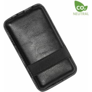 A black leather cardholder with a secure elastic band, featuring a CO2 neutral logo on the side.