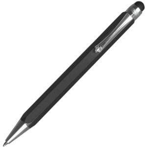 A stylus pen in black with a metallic tip and clip, featuring a logo.